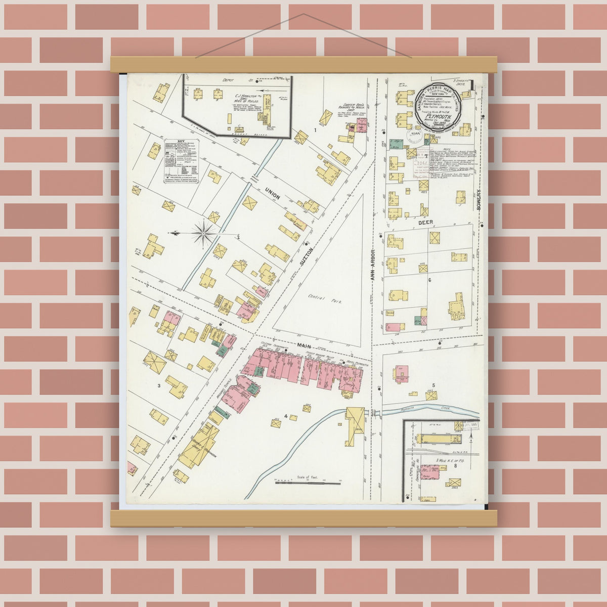 Old map wall art mockup — magnetic wood frame on brick wall — Sanborn Fire Insurance Map from Plymouth, Wayne County, Michigan (1899), Sheet #0001