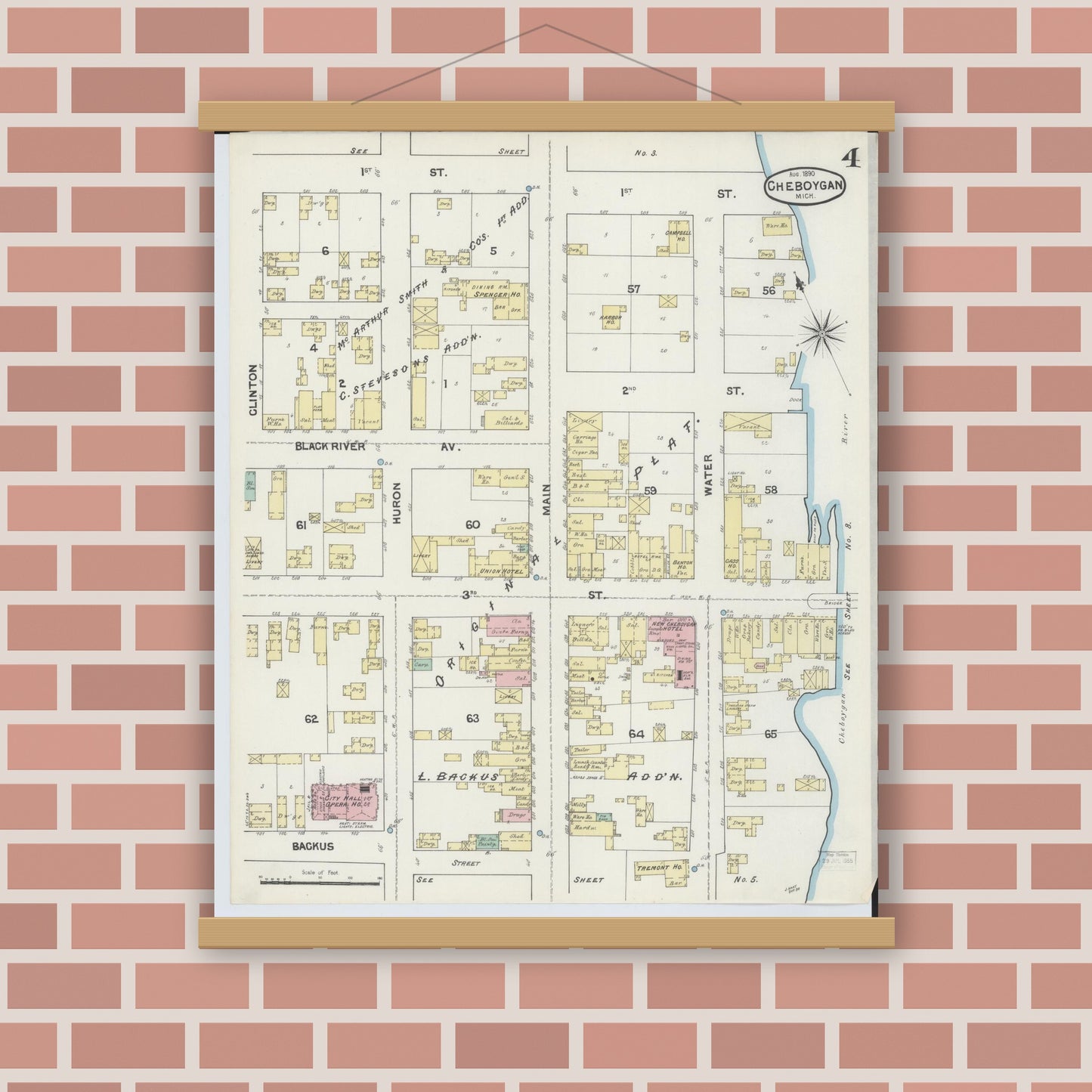 Old map wall art mockup — magnetic wood frame on brick wall — Sanborn Fire Insurance Map from Cheboygan, Cheboygan County, Michigan (1890), Sheet #0004