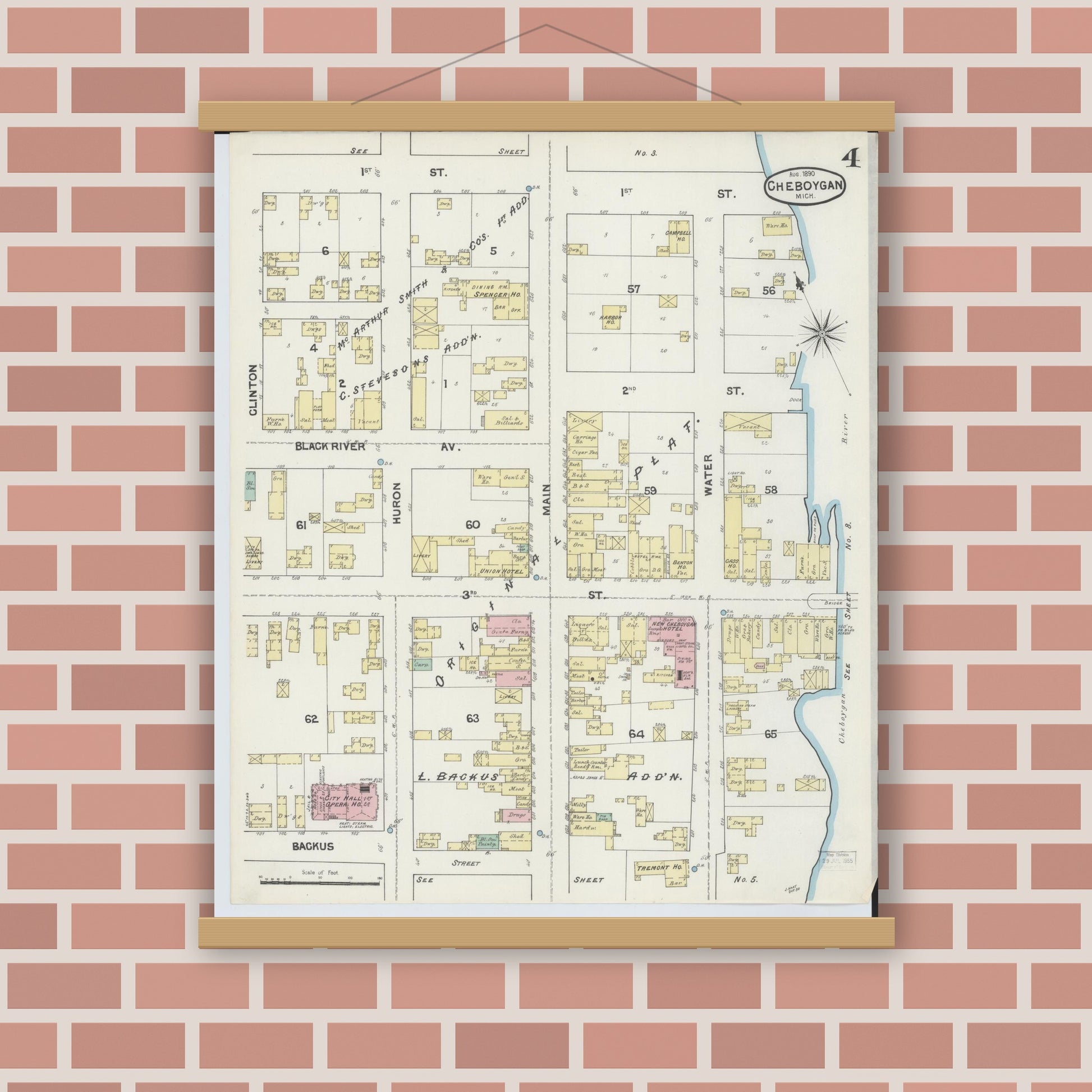 Old map wall art mockup — magnetic wood frame on brick wall — Sanborn Fire Insurance Map from Cheboygan, Cheboygan County, Michigan (1890), Sheet #0004