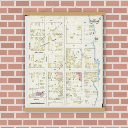 Old map wall art mockup — magnetic wood frame on brick wall — Sanborn Fire Insurance Map from Cheboygan, Cheboygan County, Michigan (1890), Sheet #0004