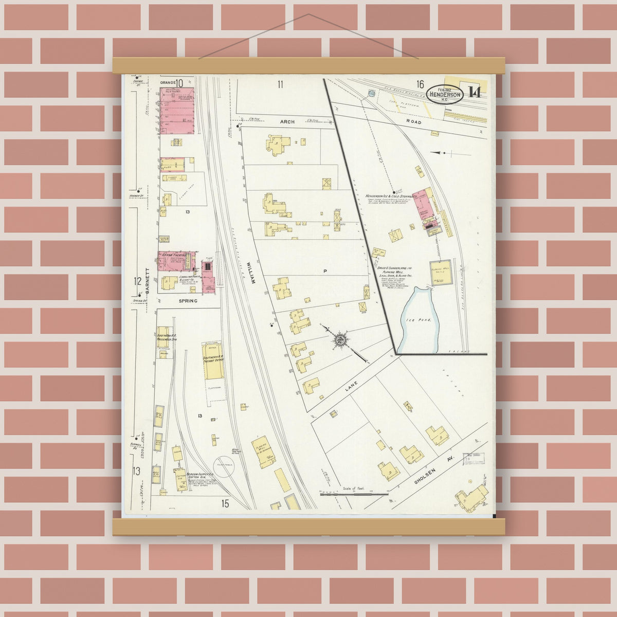 Old map wall art mockup — magnetic wood frame on brick wall — Sanborn Fire Insurance Map from Henderson, Vance County, North Carolina (1912), Sheet #0014