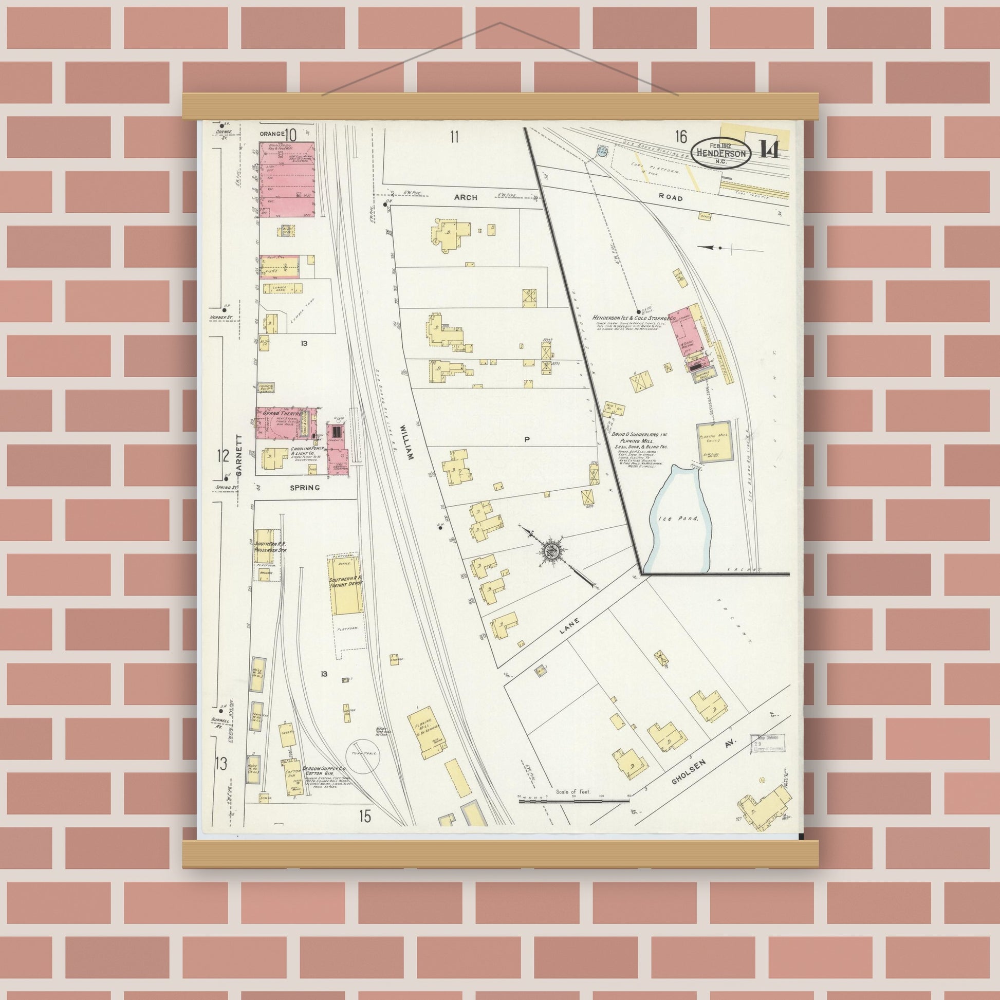 Old map wall art mockup — magnetic wood frame on brick wall — Sanborn Fire Insurance Map from Henderson, Vance County, North Carolina (1912), Sheet #0014