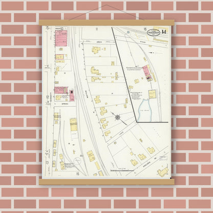Old map wall art mockup — magnetic wood frame on brick wall — Sanborn Fire Insurance Map from Henderson, Vance County, North Carolina (1912), Sheet #0014