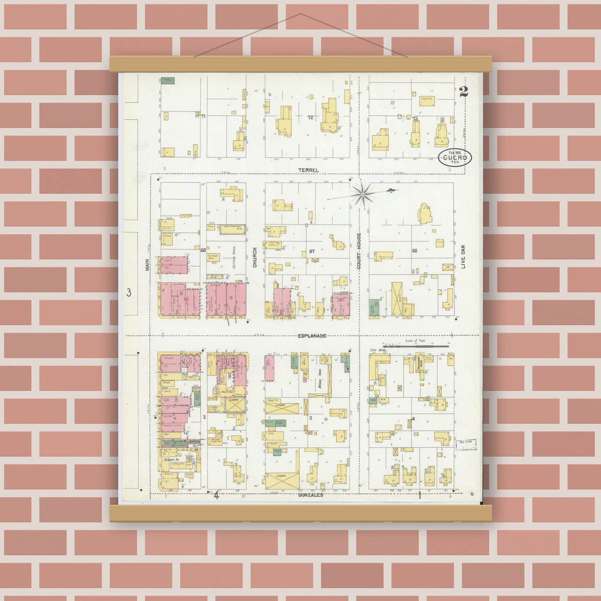 Old map wall art mockup — magnetic wood frame on brick wall — Sanborn Fire Insurance Map from Cuero, De Witt County, Texas (1902), Sheet #0002