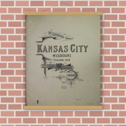 Old map wall art mockup — magnetic wood frame on brick wall — Sanborn Fire Insurance Map from Kansas City, Jackson, Clay, And Platte Counties, Missouri (1939), Sheet #0001