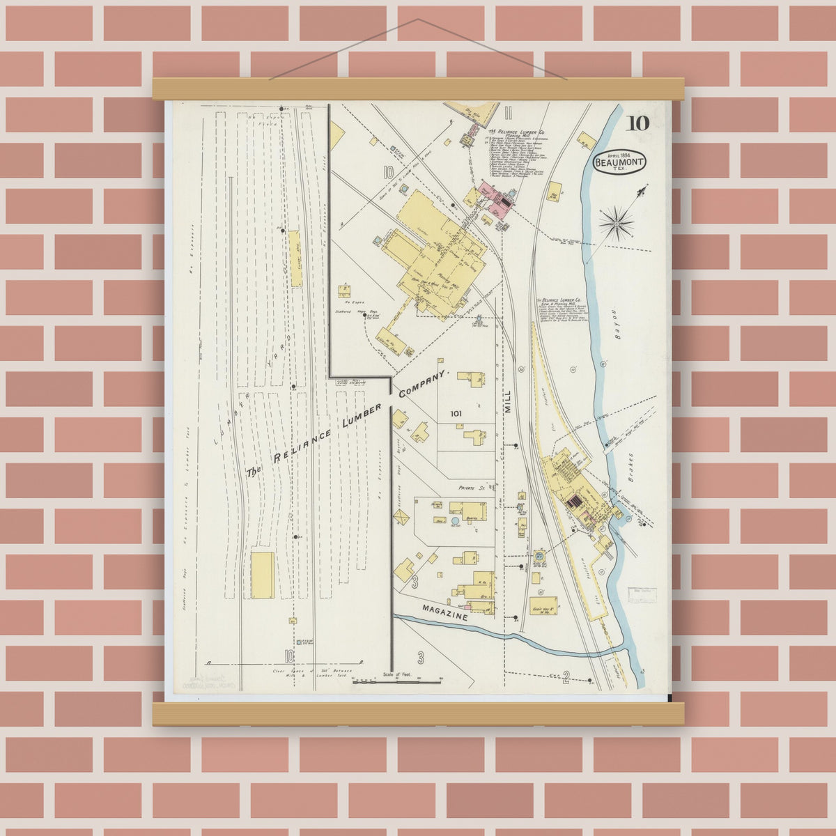 Old map wall art mockup — magnetic wood frame on brick wall — Sanborn Fire Insurance Map from Beaumont, Jefferson County, Texas (1894), Sheet #0010