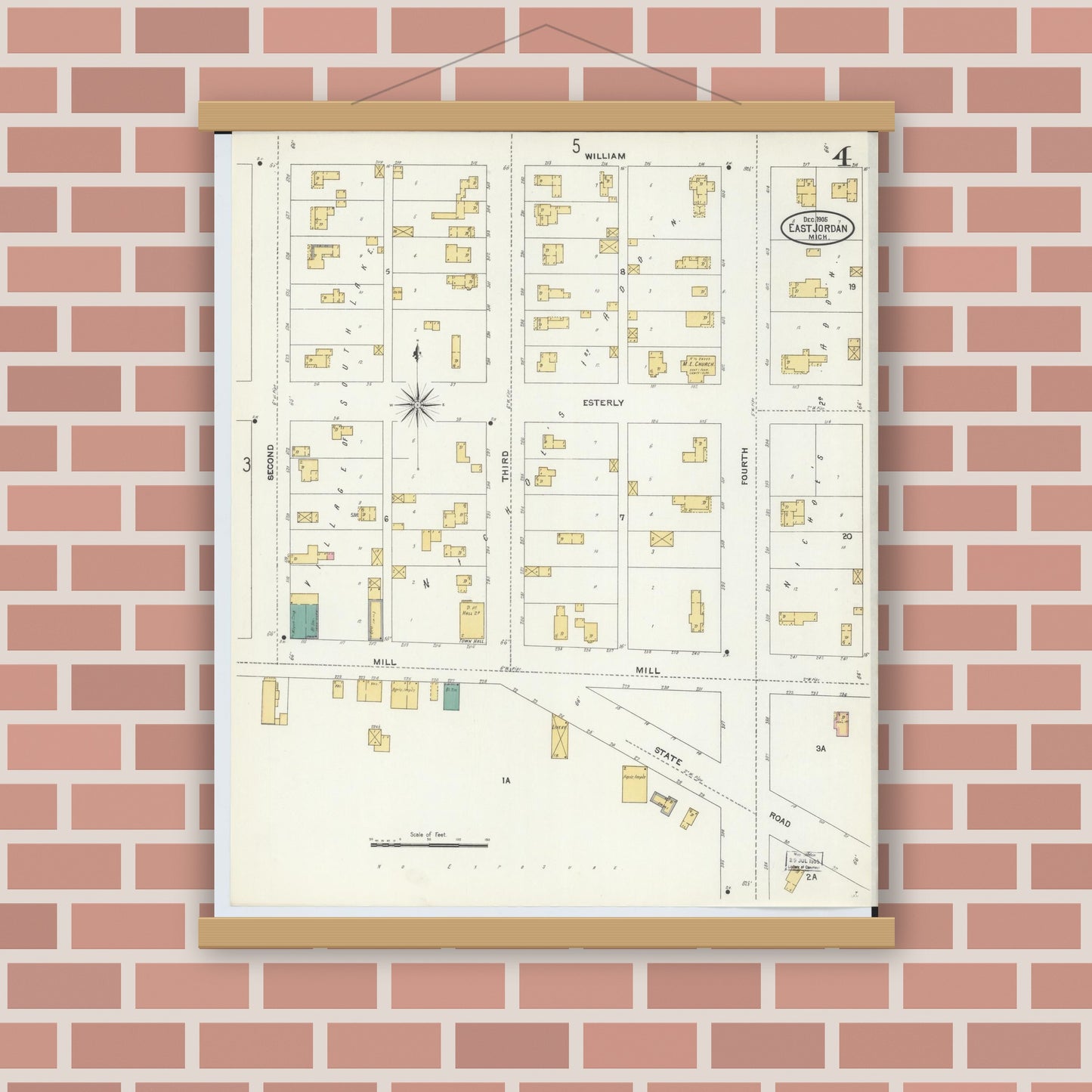 Old map wall art mockup — magnetic wood frame on brick wall — Sanborn Fire Insurance Map from East Jordan, Charlevoix County, Michigan (1905), Sheet #0004