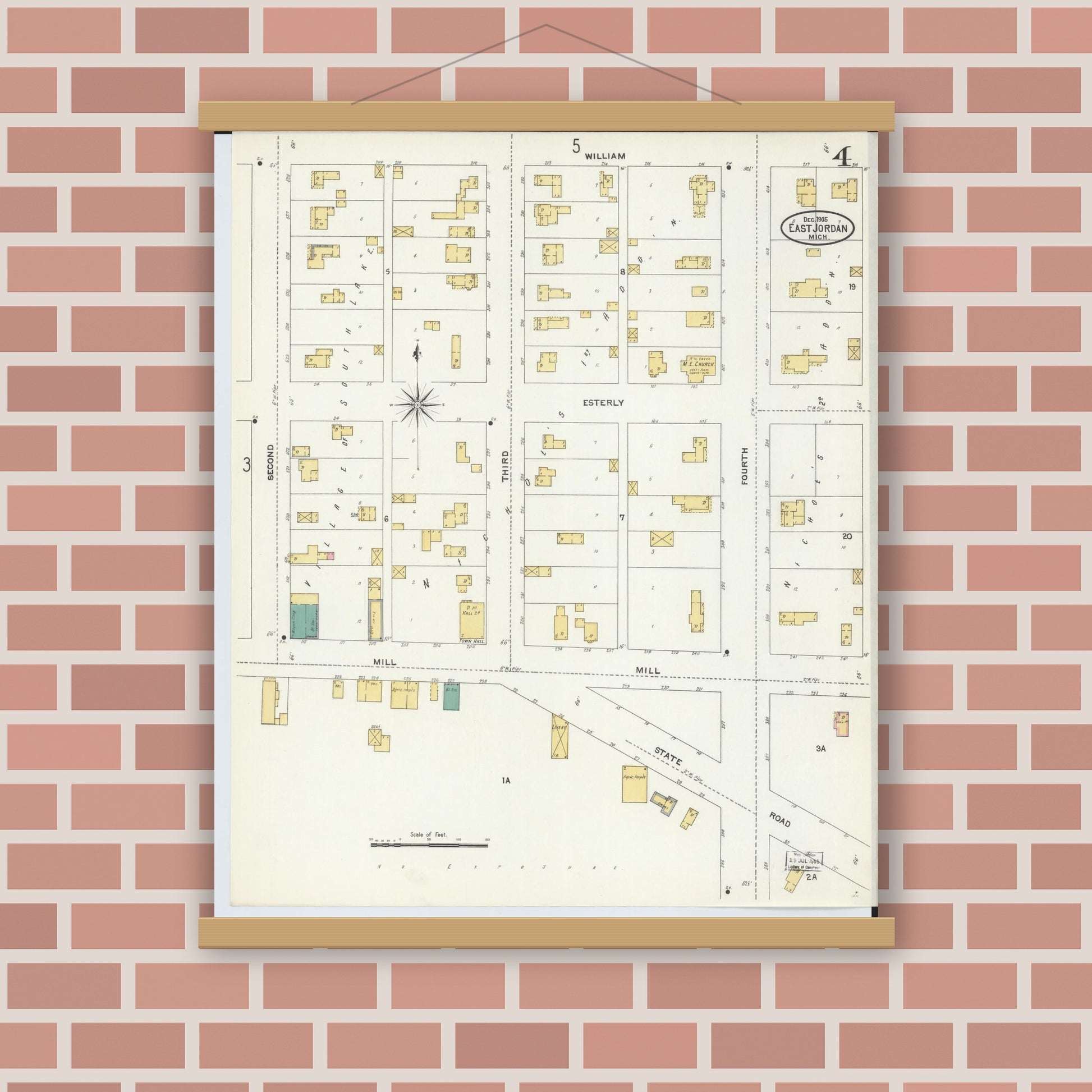 Old map wall art mockup — magnetic wood frame on brick wall — Sanborn Fire Insurance Map from East Jordan, Charlevoix County, Michigan (1905), Sheet #0004