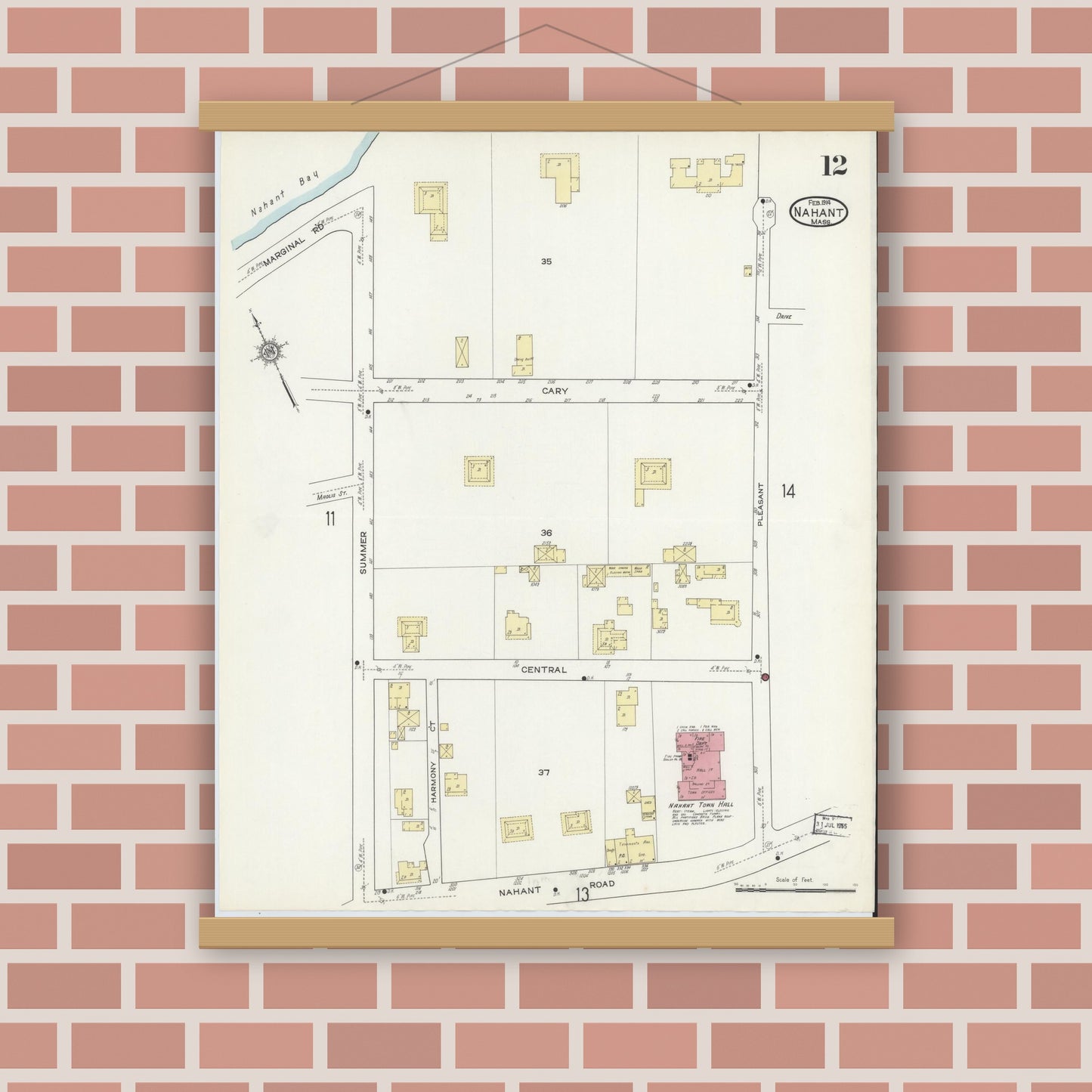 Old map wall art mockup — magnetic wood frame on brick wall — Sanborn Fire Insurance Map from Nahant, Essex County, Massachusetts (1914), Sheet #0012