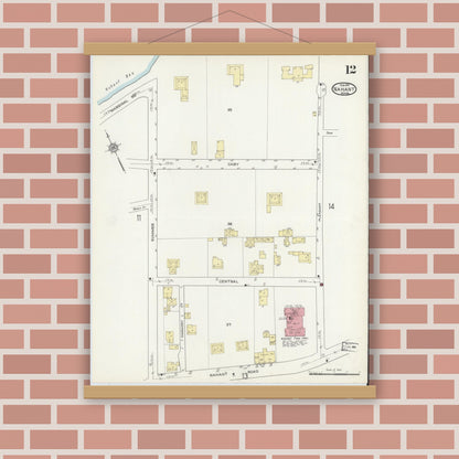 Old map wall art mockup — magnetic wood frame on brick wall — Sanborn Fire Insurance Map from Nahant, Essex County, Massachusetts (1914), Sheet #0012