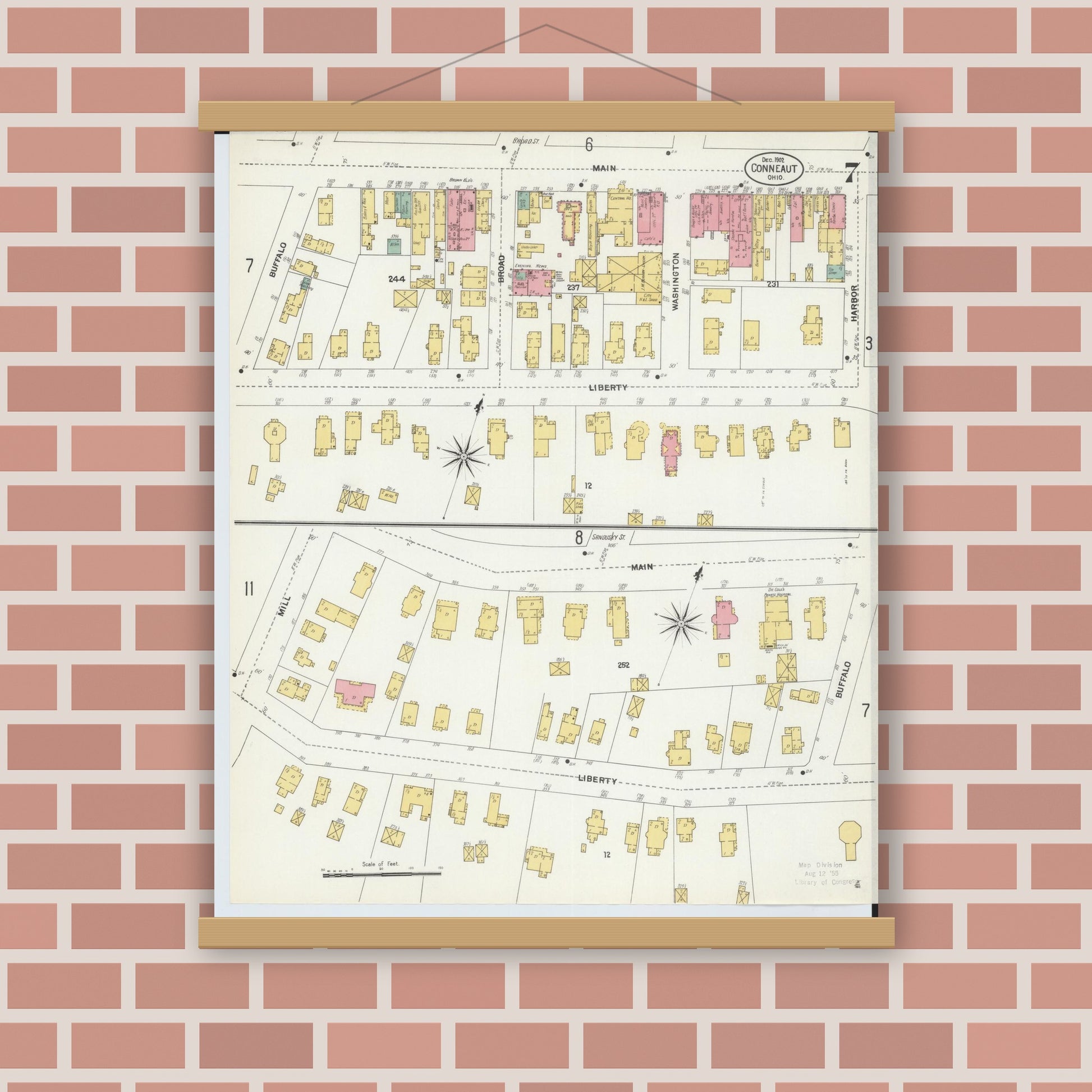Old map wall art mockup — magnetic wood frame on brick wall — Sanborn Fire Insurance Map from Conneaut, Ashtabula County, Ohio (1902), Sheet #0007
