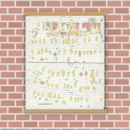 Old map wall art mockup — magnetic wood frame on brick wall — Sanborn Fire Insurance Map from Conneaut, Ashtabula County, Ohio (1902), Sheet #0007