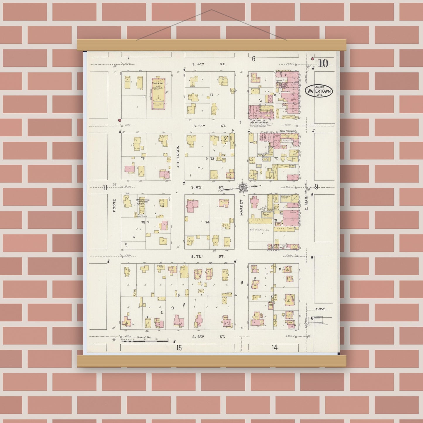 Old map wall art mockup — magnetic wood frame on brick wall — Sanborn Fire Insurance Map from Watertown, Jefferson County, Wisconsin (1915), Sheet #0011