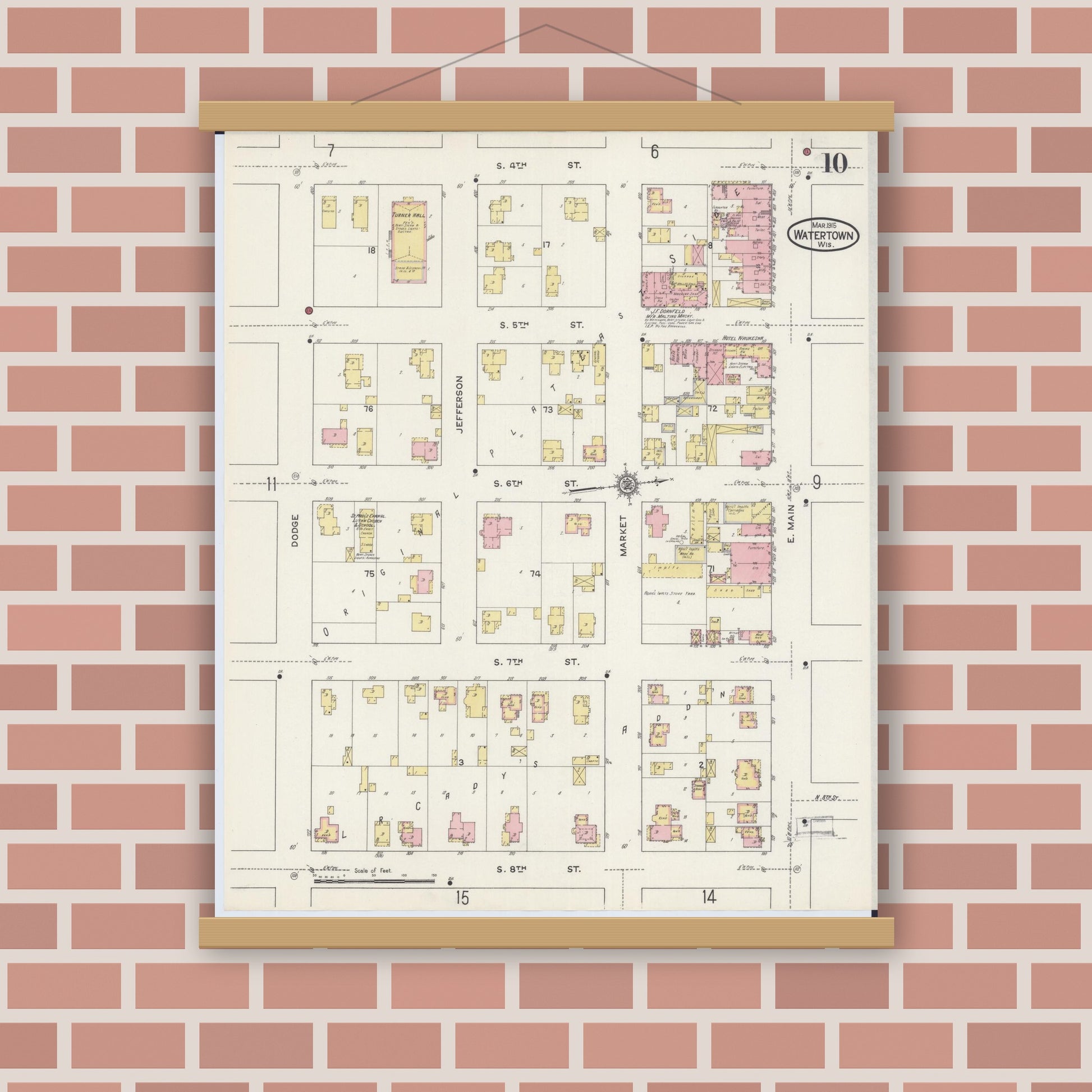 Old map wall art mockup — magnetic wood frame on brick wall — Sanborn Fire Insurance Map from Watertown, Jefferson County, Wisconsin (1915), Sheet #0011