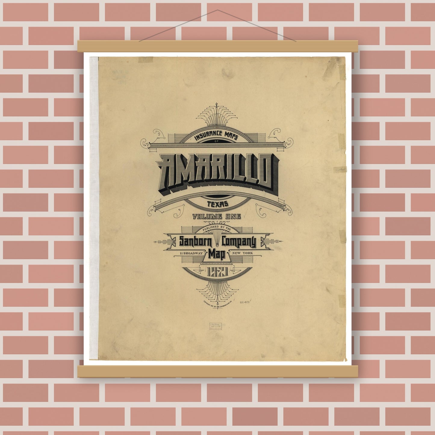Old map wall art mockup — magnetic wood frame on brick wall — Sanborn Fire Insurance Map from Amarillo, Potter County, Texas (1921), Sheet #0001