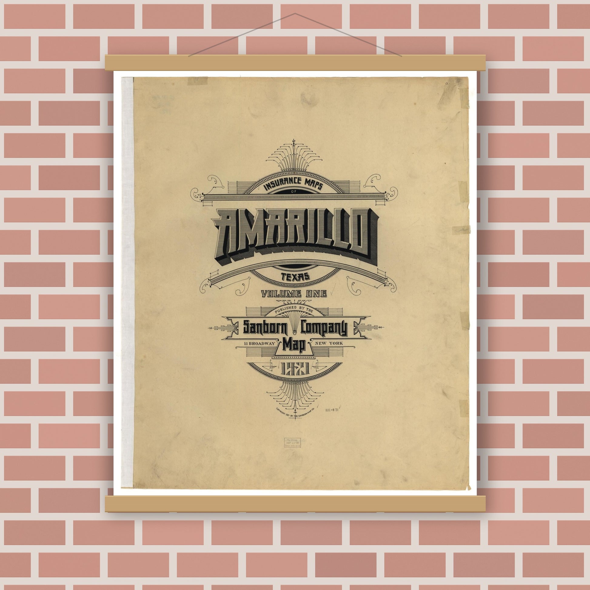 Old map wall art mockup — magnetic wood frame on brick wall — Sanborn Fire Insurance Map from Amarillo, Potter County, Texas (1921), Sheet #0001