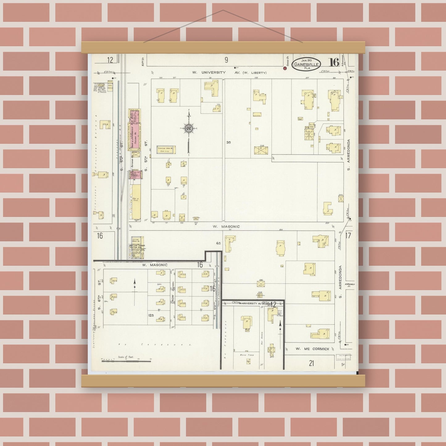 Old map wall art mockup — magnetic wood frame on brick wall — Sanborn Fire Insurance Map from Gainesville, Alachua County, Florida (1913), Sheet #0016