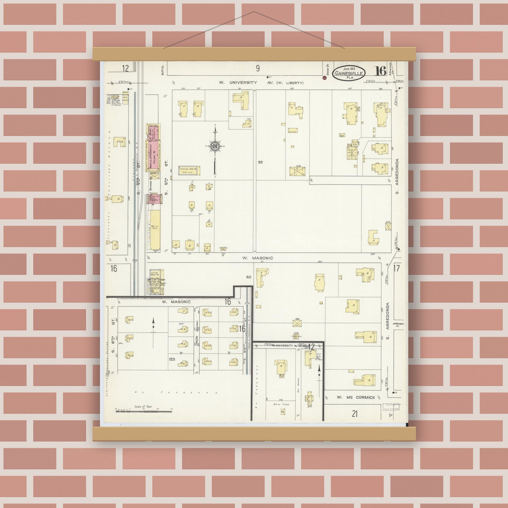 Old map wall art mockup — magnetic wood frame on brick wall — Sanborn Fire Insurance Map from Gainesville, Alachua County, Florida (1913), Sheet #0016