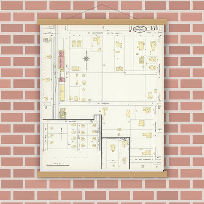 Old map wall art mockup — magnetic wood frame on brick wall — Sanborn Fire Insurance Map from Gainesville, Alachua County, Florida (1913), Sheet #0016