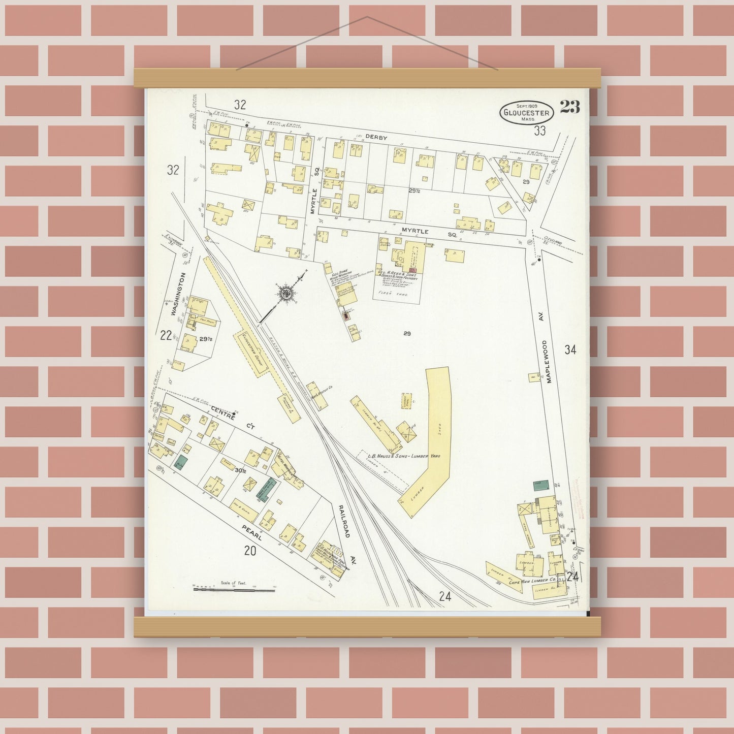 Old map wall art mockup — magnetic wood frame on brick wall — Sanborn Fire Insurance Map from Gloucester, Essex County, Massachusetts (1909), Sheet #0023