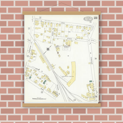 Old map wall art mockup — magnetic wood frame on brick wall — Sanborn Fire Insurance Map from Gloucester, Essex County, Massachusetts (1909), Sheet #0023