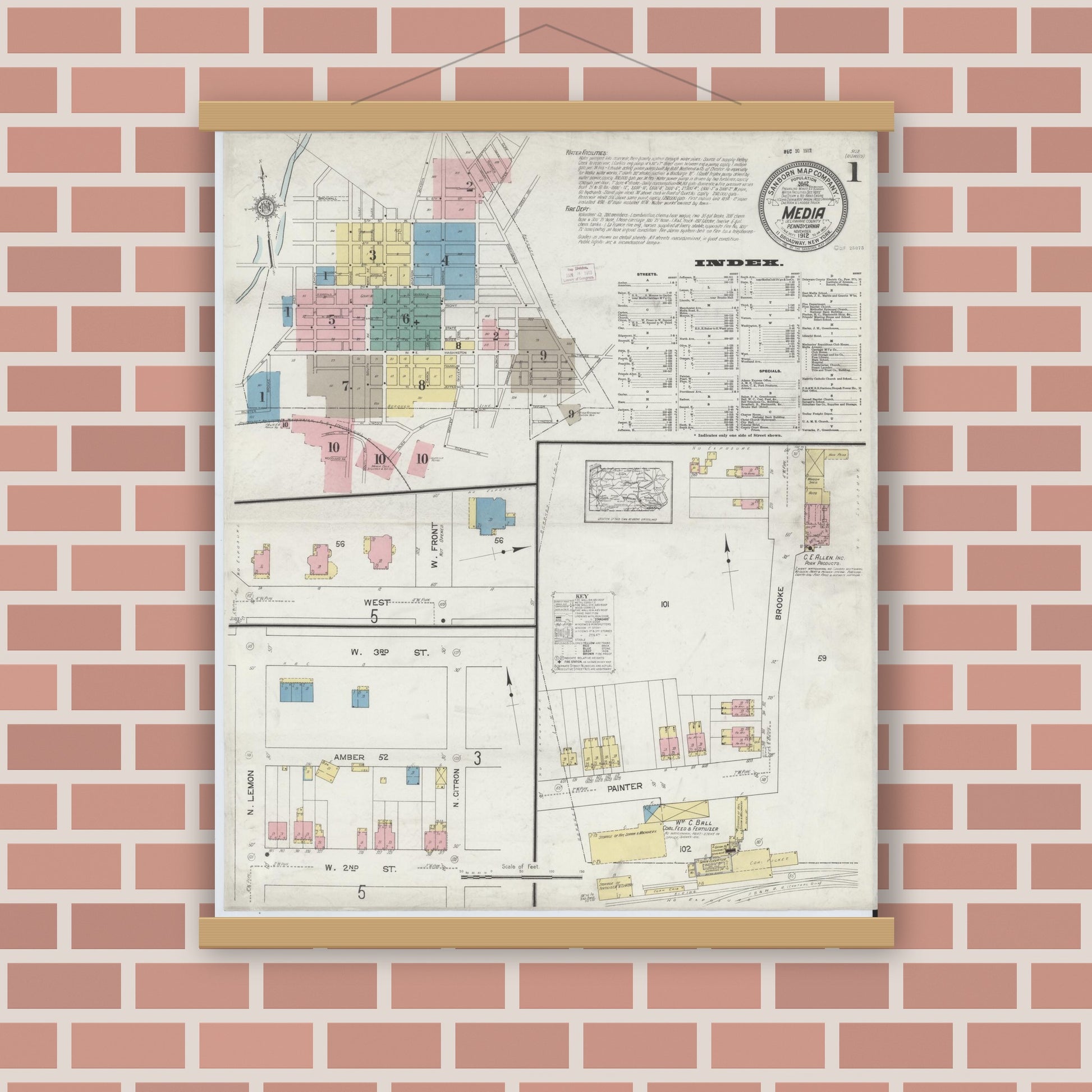 Old map wall art mockup — magnetic wood frame on brick wall — Sanborn Fire Insurance Map from Media, Delaware County, Pennsylvania (1912) - Complete Map Set