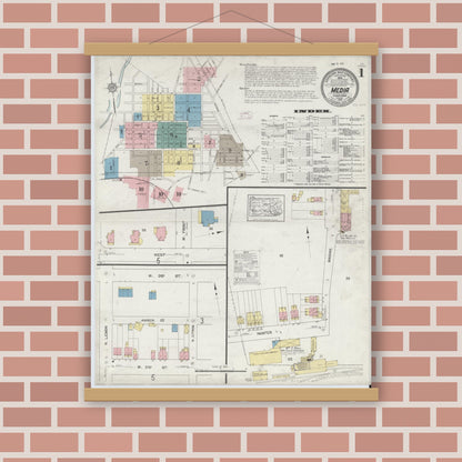 Old map wall art mockup — magnetic wood frame on brick wall — Sanborn Fire Insurance Map from Media, Delaware County, Pennsylvania (1912) - Complete Map Set