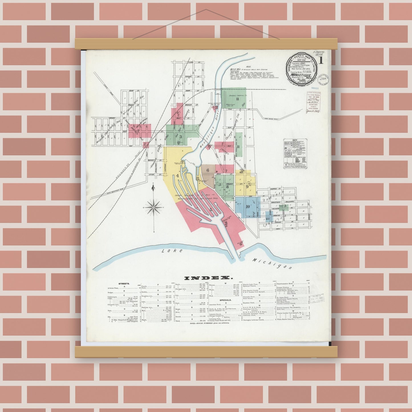Old map wall art mockup — magnetic wood frame on brick wall — Sanborn Fire Insurance Map from Manistique, Schoolcraft County, Michigan (1900), Sheet #0001
