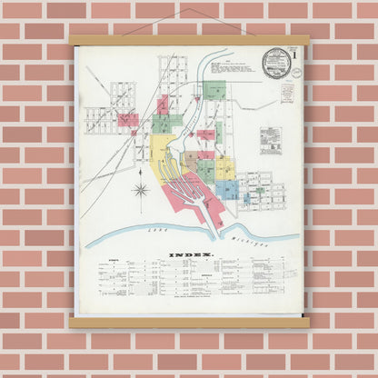 Old map wall art mockup — magnetic wood frame on brick wall — Sanborn Fire Insurance Map from Manistique, Schoolcraft County, Michigan (1900), Sheet #0001