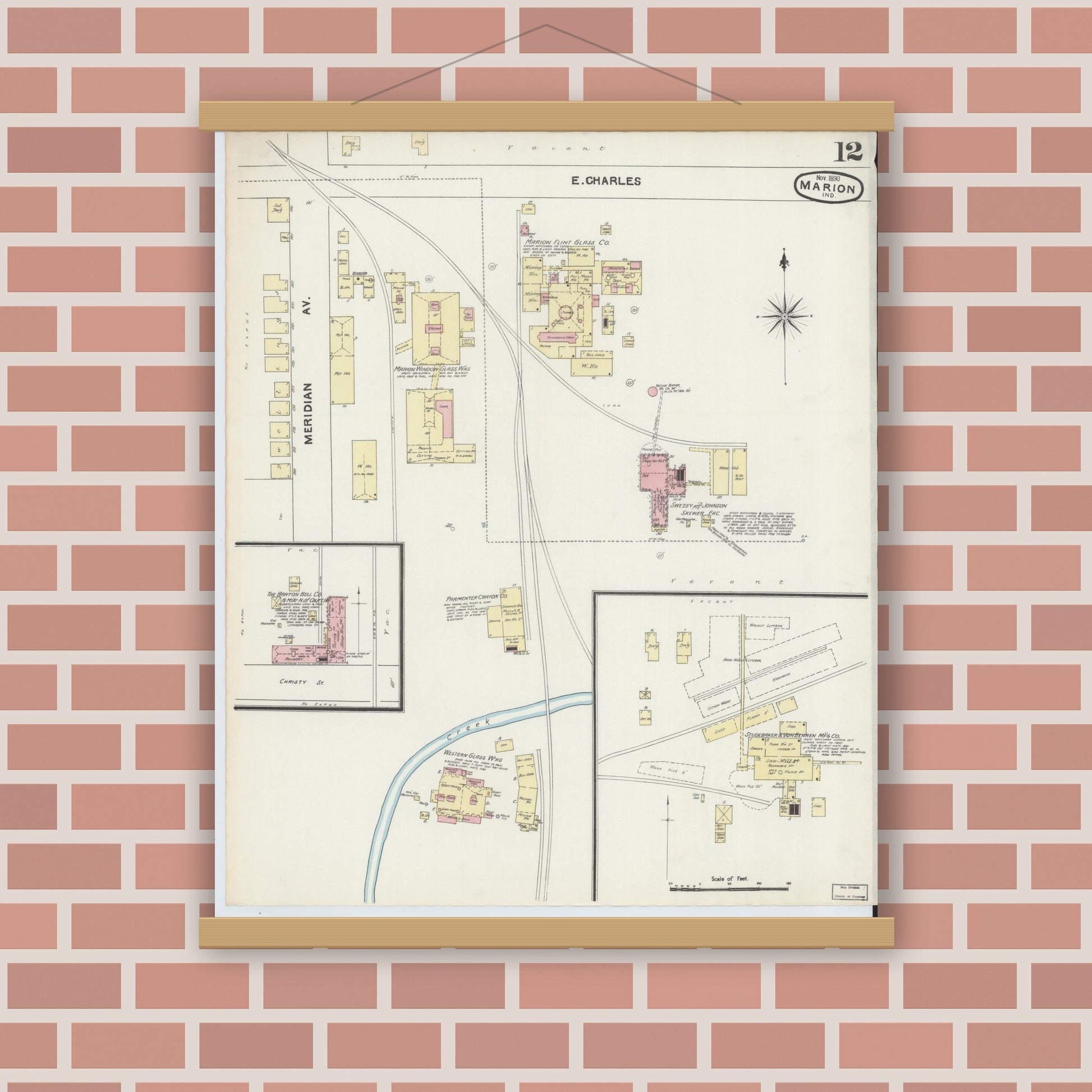 Old map wall art mockup — magnetic wood frame on brick wall — Sanborn Fire Insurance Map from Marion, Grant County, Indiana (1890), Sheet #0012