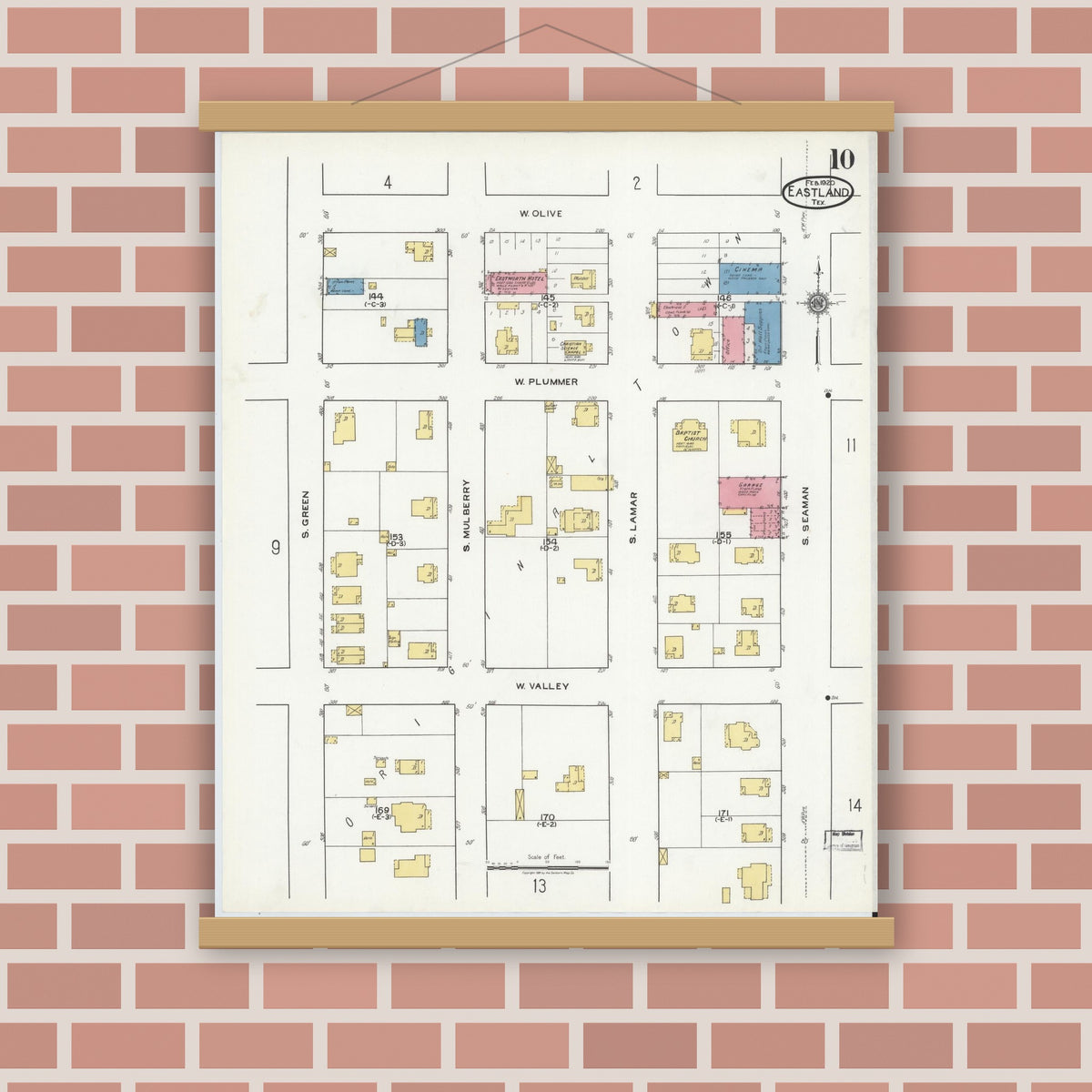 Old map wall art mockup — magnetic wood frame on brick wall — Sanborn Fire Insurance Map from Eastland, Eastland County, Texas (1920), Sheet #0010