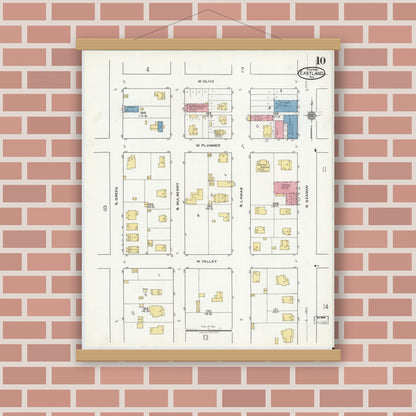Old map wall art mockup — magnetic wood frame on brick wall — Sanborn Fire Insurance Map from Eastland, Eastland County, Texas (1920), Sheet #0010