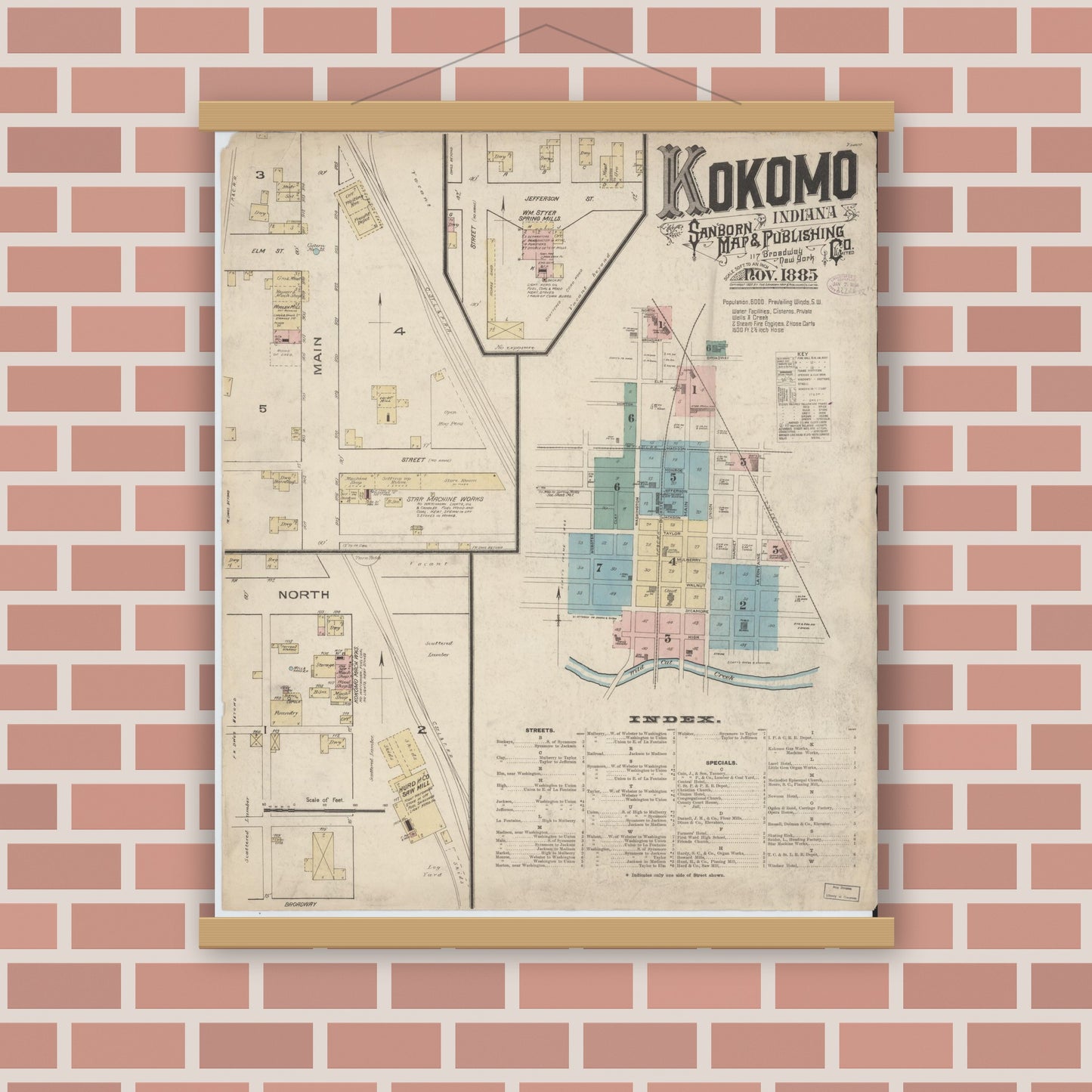 Old map wall art mockup — magnetic wood frame on brick wall — Sanborn Fire Insurance Map from Kokomo, Howard County, Indiana (1885) - Complete Map Set