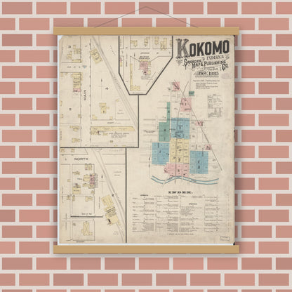 Old map wall art mockup — magnetic wood frame on brick wall — Sanborn Fire Insurance Map from Kokomo, Howard County, Indiana (1885) - Complete Map Set