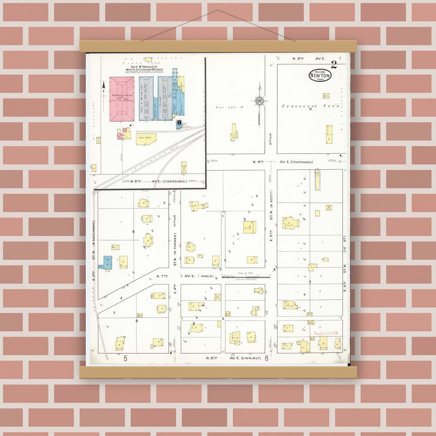 Old map wall art mockup — magnetic wood frame on brick wall — Sanborn Fire Insurance Map from Newton, Jasper County, Iowa (1918), Sheet #0002