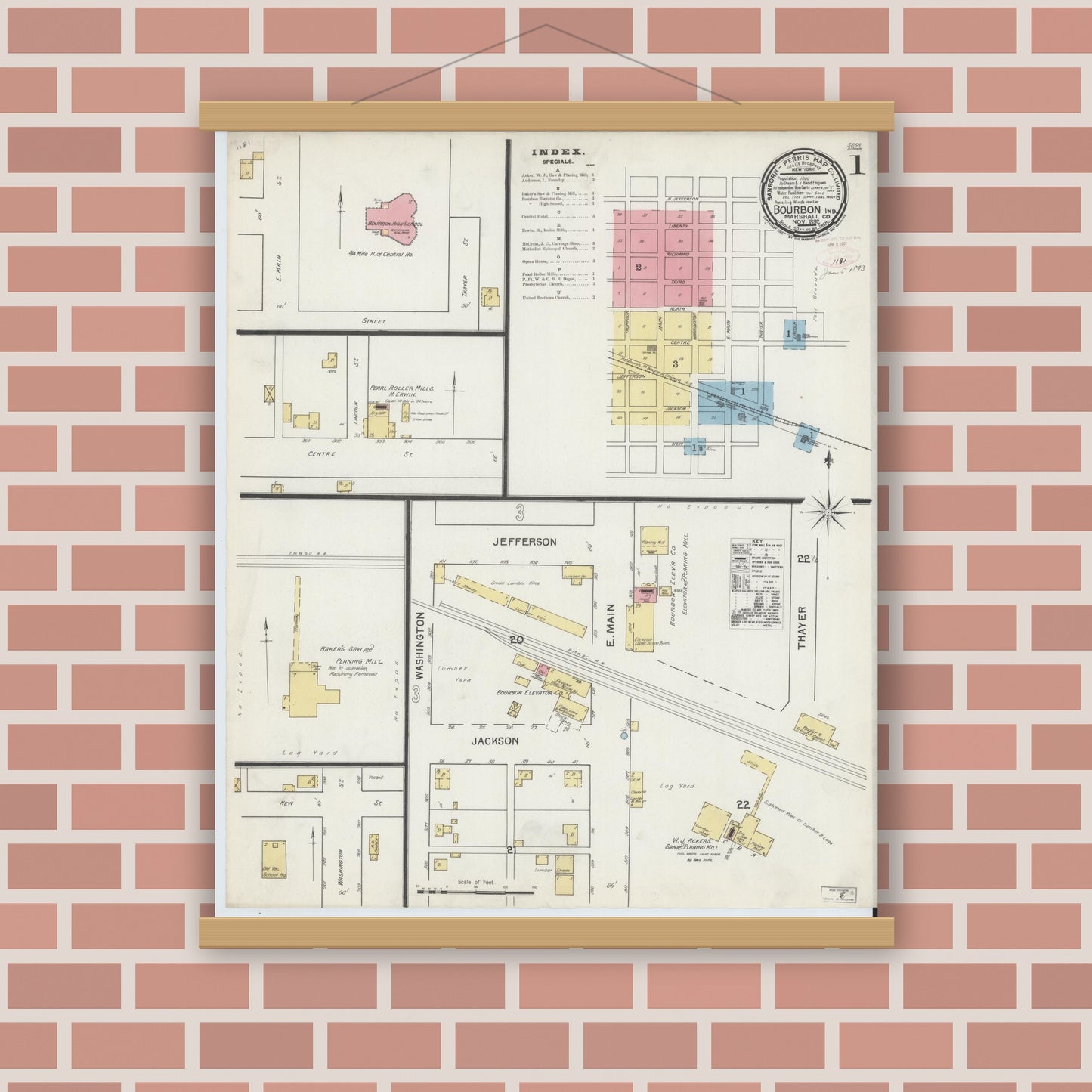 Old map wall art mockup — magnetic wood frame on brick wall — Sanborn Fire Insurance Map from Bourbon, Marshall County, Indiana (1892), Sheet #0001