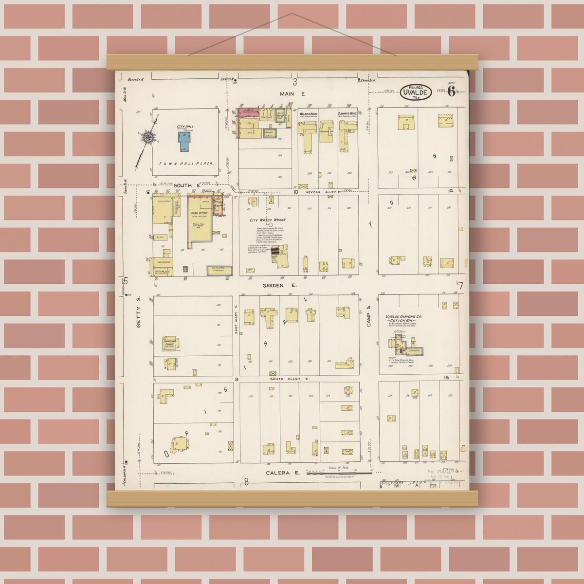 Old map wall art mockup — magnetic wood frame on brick wall — Sanborn Fire Insurance Map from Uvalde, Uvalde County, Texas (1922), Sheet #0006