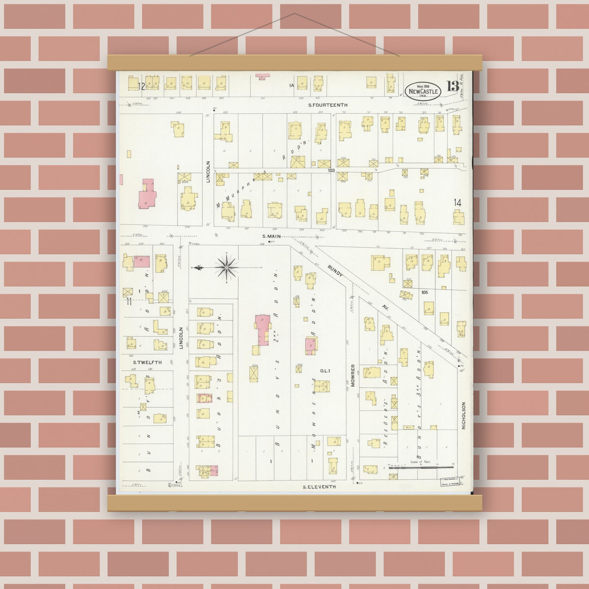 Old map wall art mockup — magnetic wood frame on brick wall — Sanborn Fire Insurance Map from New Castle, Henry County, Indiana (1908), Sheet #0013