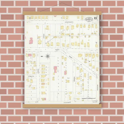 Old map wall art mockup — magnetic wood frame on brick wall — Sanborn Fire Insurance Map from New Castle, Henry County, Indiana (1908), Sheet #0013