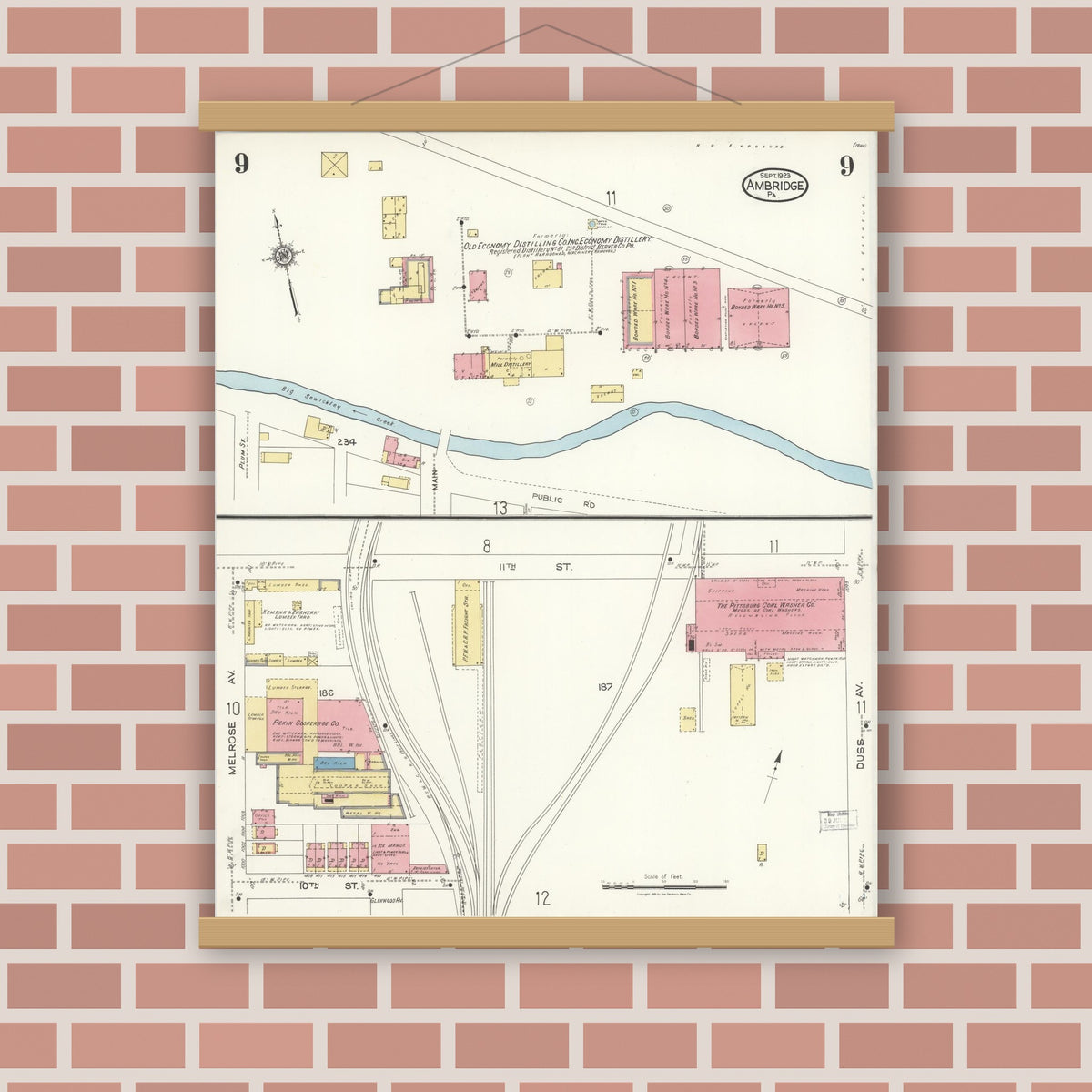 Old map wall art mockup — magnetic wood frame on brick wall — Sanborn Fire Insurance Map from Ambridge, Beaver County, Pennsylvania (1923), Sheet #0009