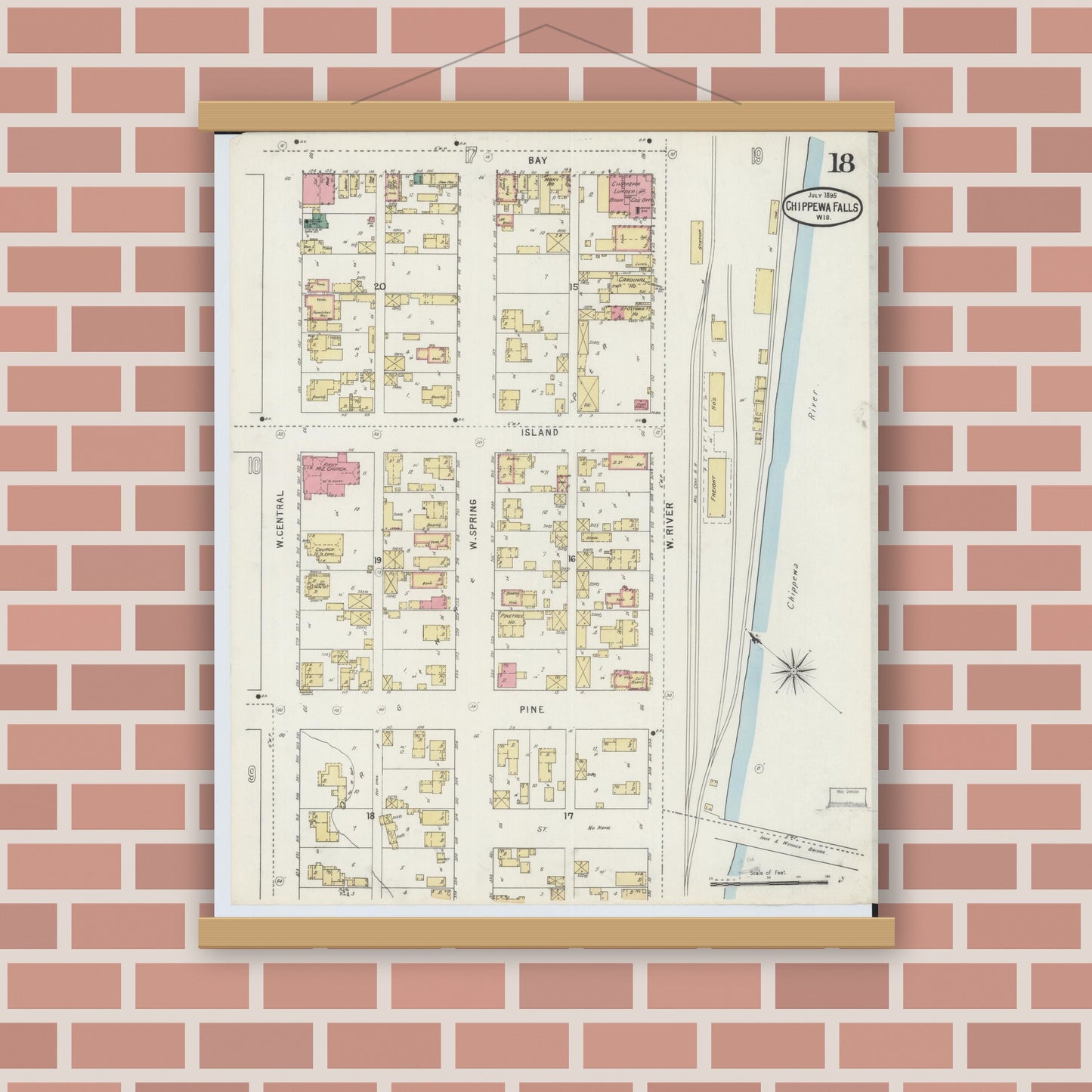 Old map wall art mockup — magnetic wood frame on brick wall — Sanborn Fire Insurance Map from Chippewa Falls, Chippewa County, Wisconsin (1895), Sheet #0018