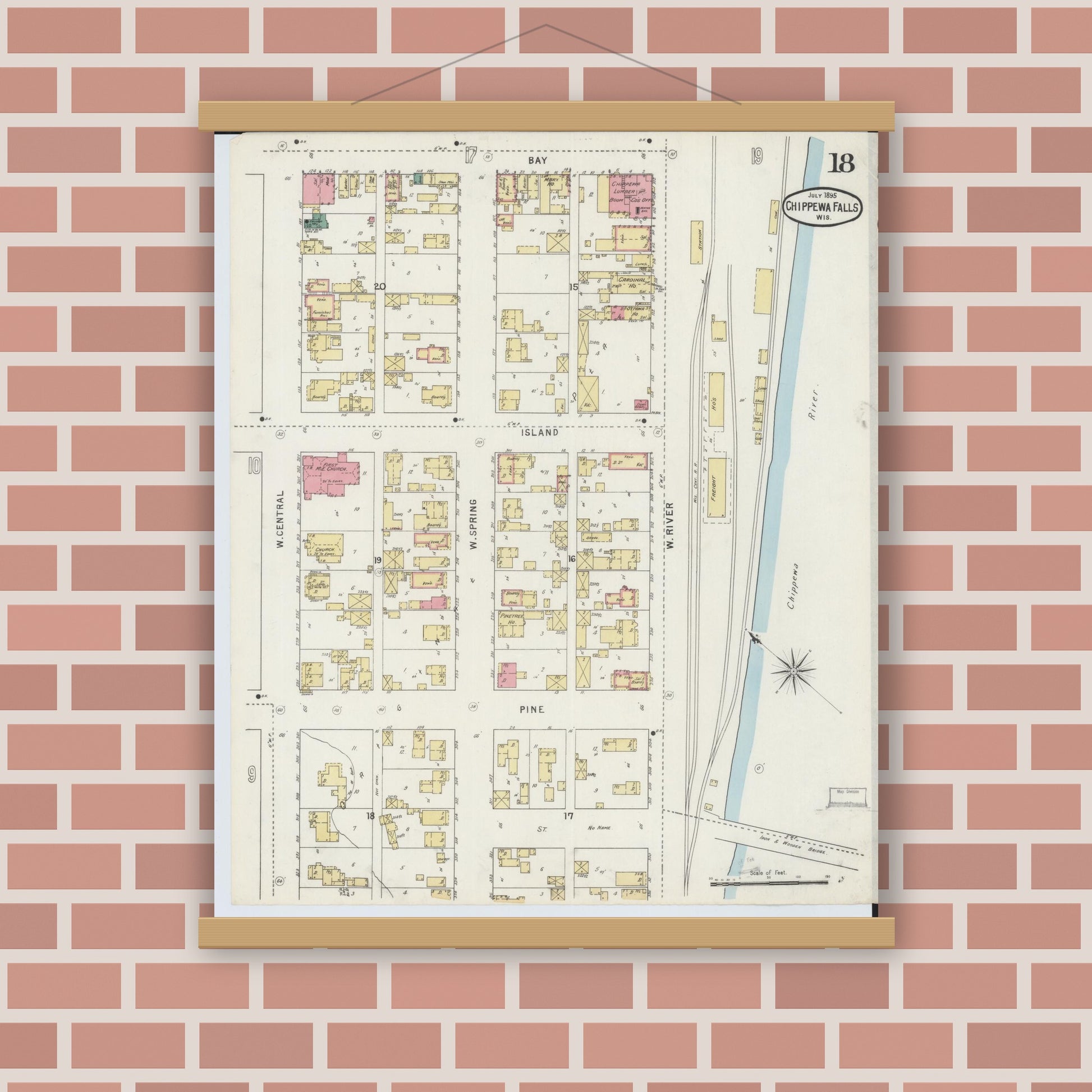 Old map wall art mockup — magnetic wood frame on brick wall — Sanborn Fire Insurance Map from Chippewa Falls, Chippewa County, Wisconsin (1895), Sheet #0018