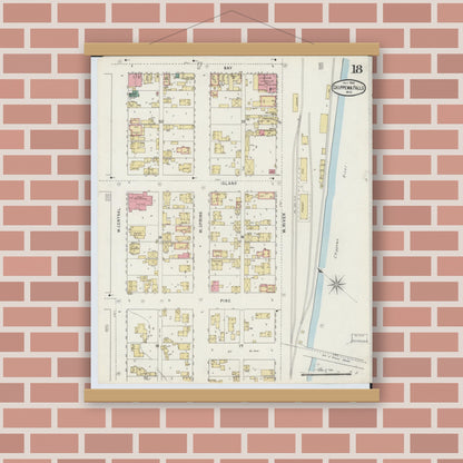 Old map wall art mockup — magnetic wood frame on brick wall — Sanborn Fire Insurance Map from Chippewa Falls, Chippewa County, Wisconsin (1895), Sheet #0018