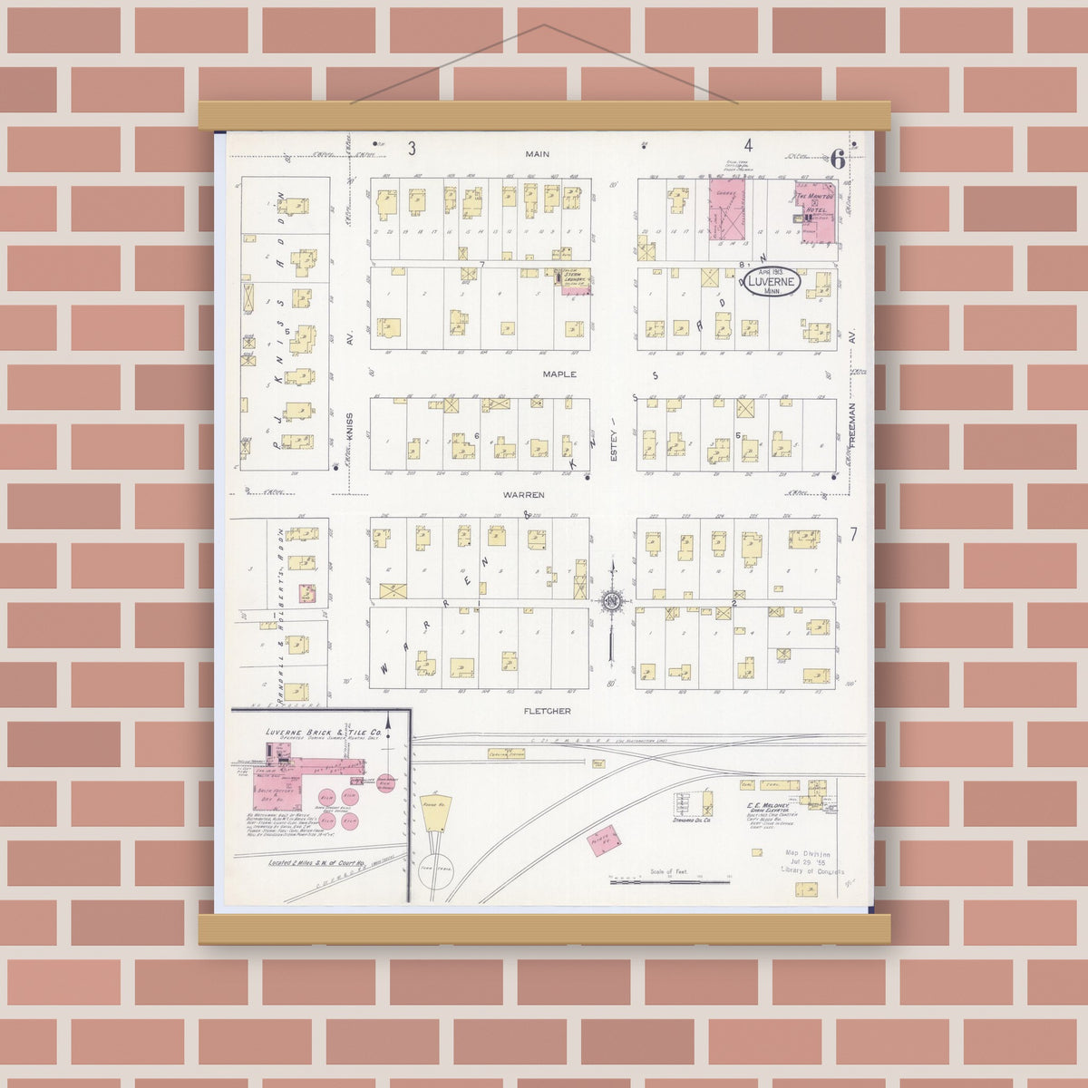 Old map wall art mockup — magnetic wood frame on brick wall — Sanborn Fire Insurance Map from Luverne, Rock County, Minnesota (1913), Sheet #0006