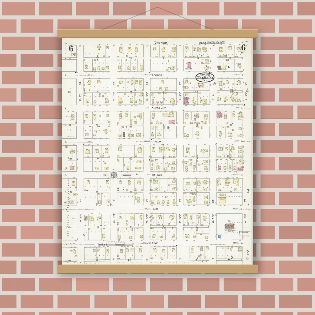Old map wall art mockup — magnetic wood frame on brick wall — Sanborn Fire Insurance Map from Colorado, Mitchell County, Texas (1925), Sheet #0006