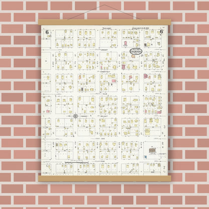 Old map wall art mockup — magnetic wood frame on brick wall — Sanborn Fire Insurance Map from Colorado, Mitchell County, Texas (1925), Sheet #0006