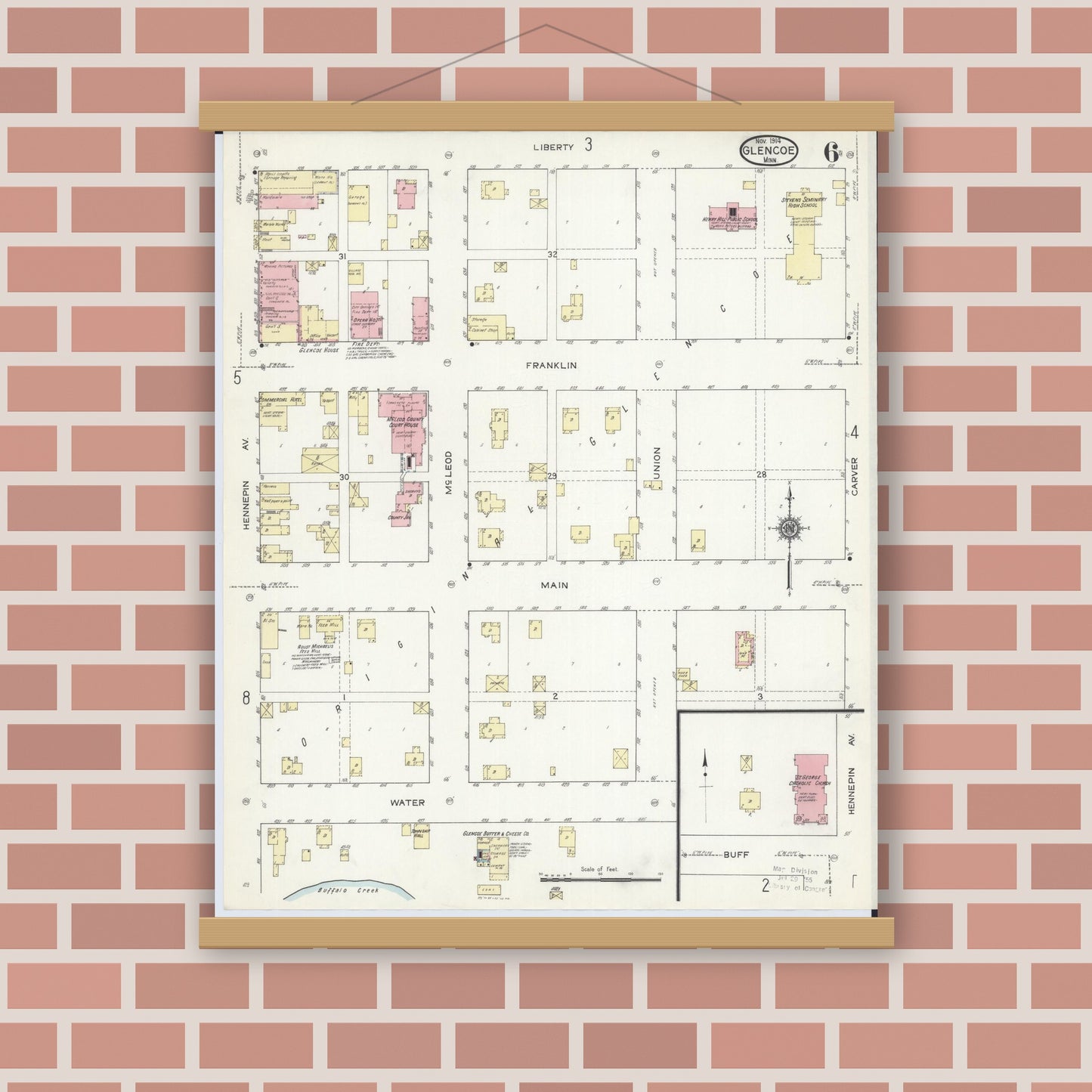 Old map wall art mockup — magnetic wood frame on brick wall — Sanborn Fire Insurance Map from Glencoe, Mcleod County, Minnesota (1914), Sheet #0006