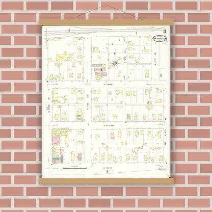 Old map wall art mockup — magnetic wood frame on brick wall — Sanborn Fire Insurance Map from Washington, Washington County, Iowa (1909), Sheet #0004
