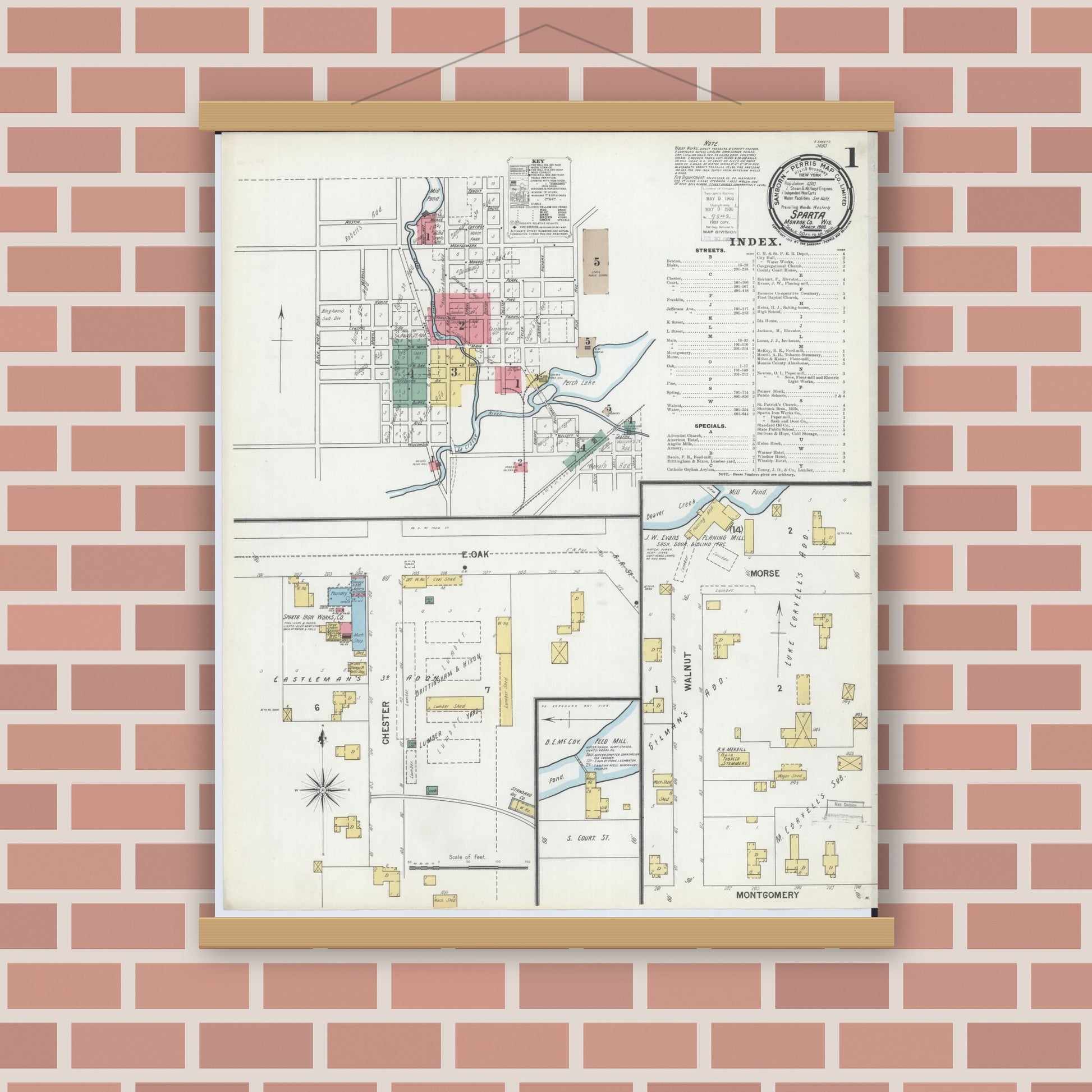 Old map wall art mockup — magnetic wood frame on brick wall — Sanborn Fire Insurance Map from Sparta, Monroe County, Wisconsin (1900) - Complete Map Set