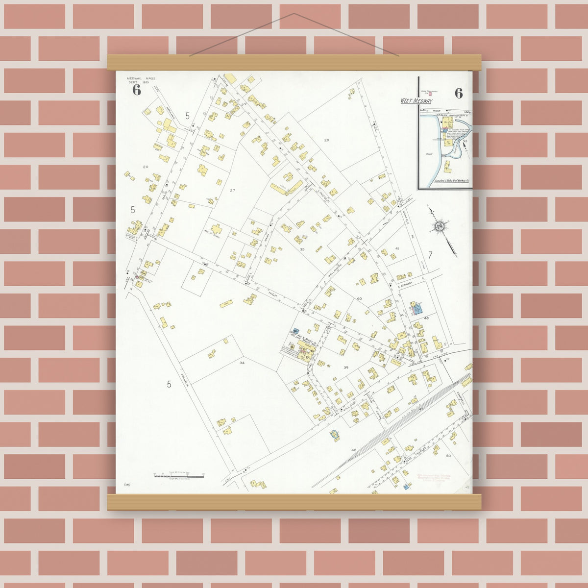 Old map wall art mockup — magnetic wood frame on brick wall — Sanborn Fire Insurance Map from Medway, Norfolk County, Massachusetts (1933), Sheet #0006